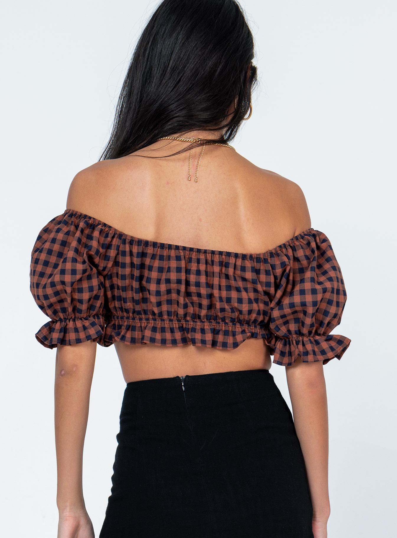 back view of model wearing Princess Polly Avonsleigh Top Brown / Black 