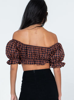 back view of model wearing Princess Polly Avonsleigh Top Brown / Black 