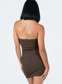 back view of model wearing Princess Polly Becca Strapless Mini Dress Brown 