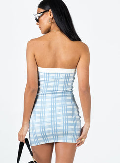 back view of model wearing Princess Polly Carano Mini Dress Blue Check Sweetheart Neckline 