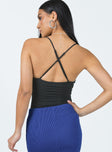 back view of model wearing Princess Polly Millery Bodysuit Black Sleeveless Plunger 