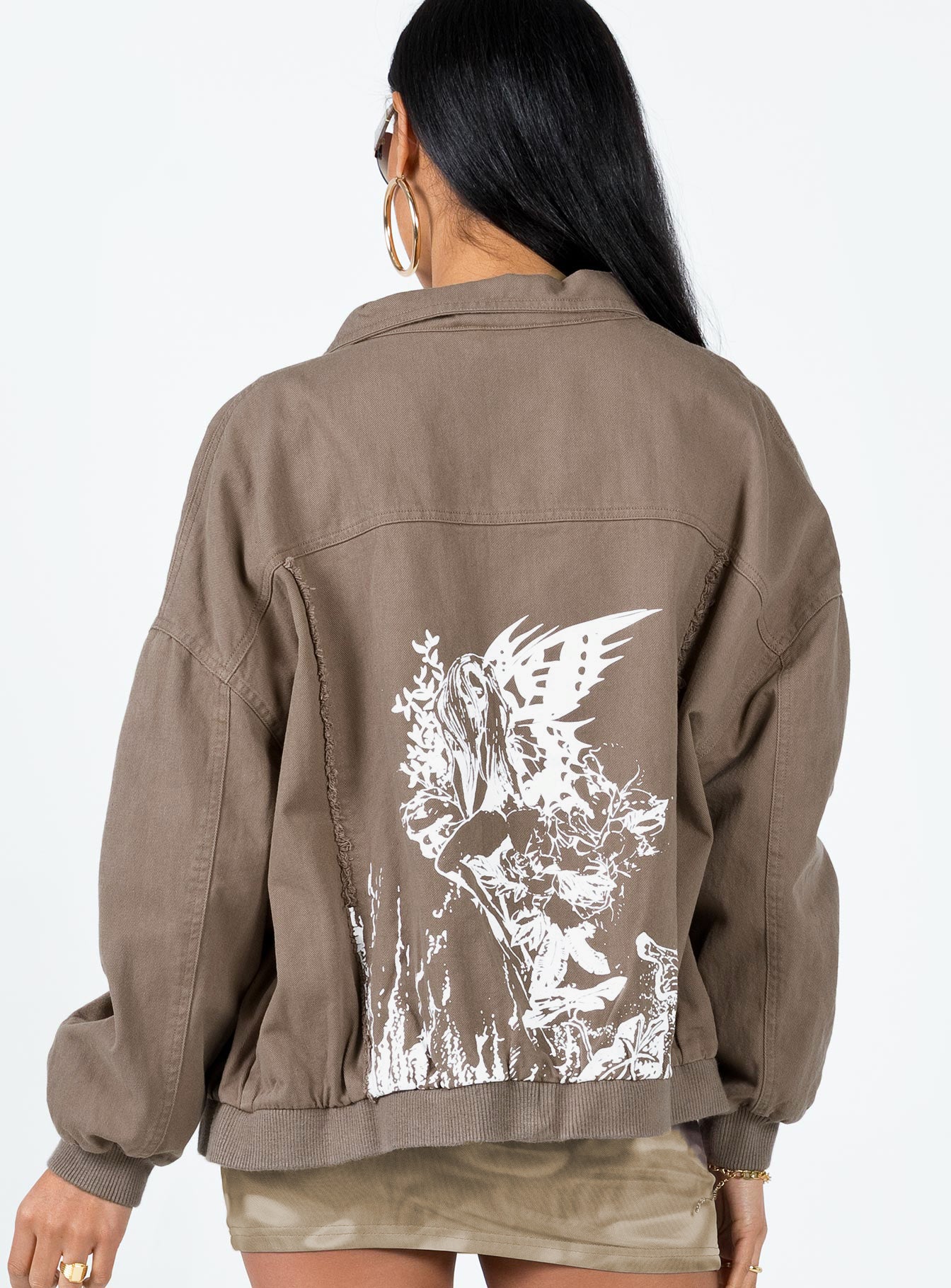 Bomber jacket Denim look material  Graphic print on back  Frayed detail  Classic collar  Zip front fastening  Drop shoulder 