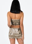 Matching set Mesh material  Printed design  Strapless top  Wired cusp  Sheer back  Mini skirt  Elasticated waistband 
