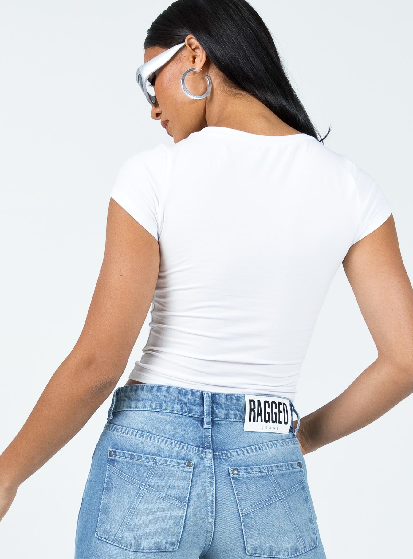 Front view of model wearing  front Princess Polly Short Sleeves Square Neck  Vintage Car Top White