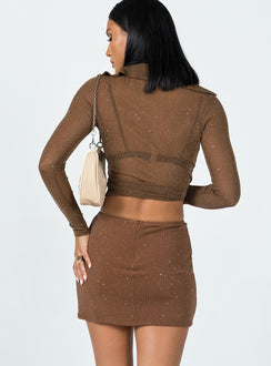 back view of model wearing Princess Polly Selby Mini Skirt Brown Glitter 