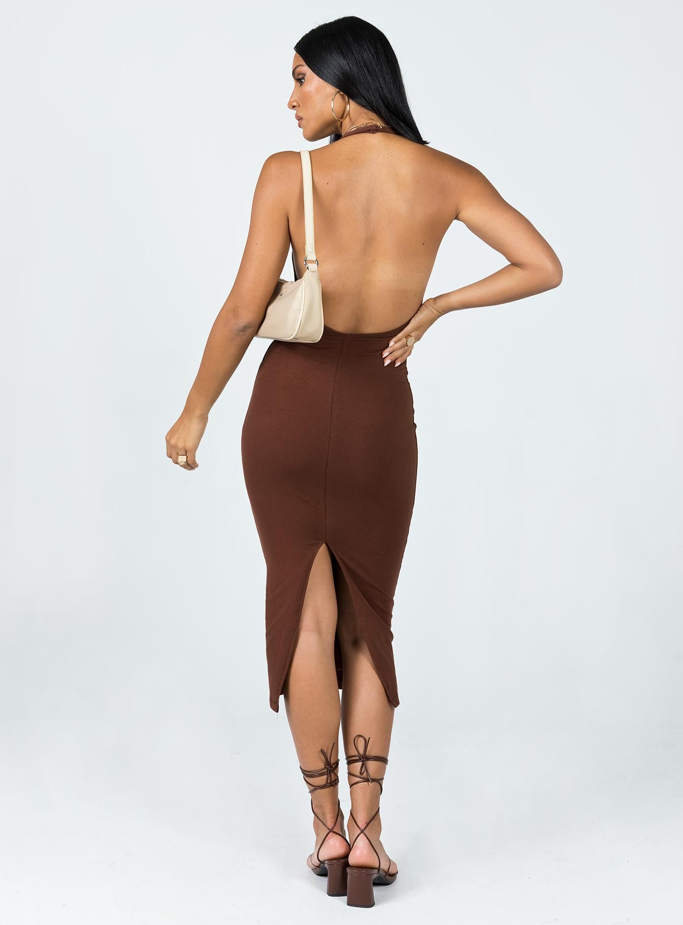 back view of model wearing Princess Polly Aditya Midi Dress Brown 