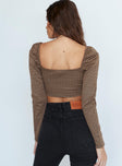 back view of model wearing Princess Polly Alina Long Sleeve Top Brown 