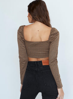 back view of model wearing Princess Polly Alina Long Sleeve Top Brown 