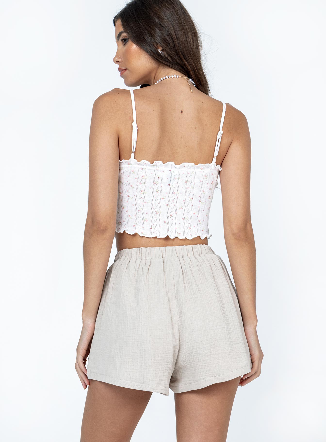 back view of model wearing Princess Polly Mateo Shorts Beige High Waisted Shorts 