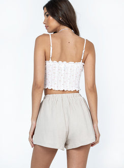 back view of model wearing Princess Polly Mateo Shorts Beige High Waisted Shorts 