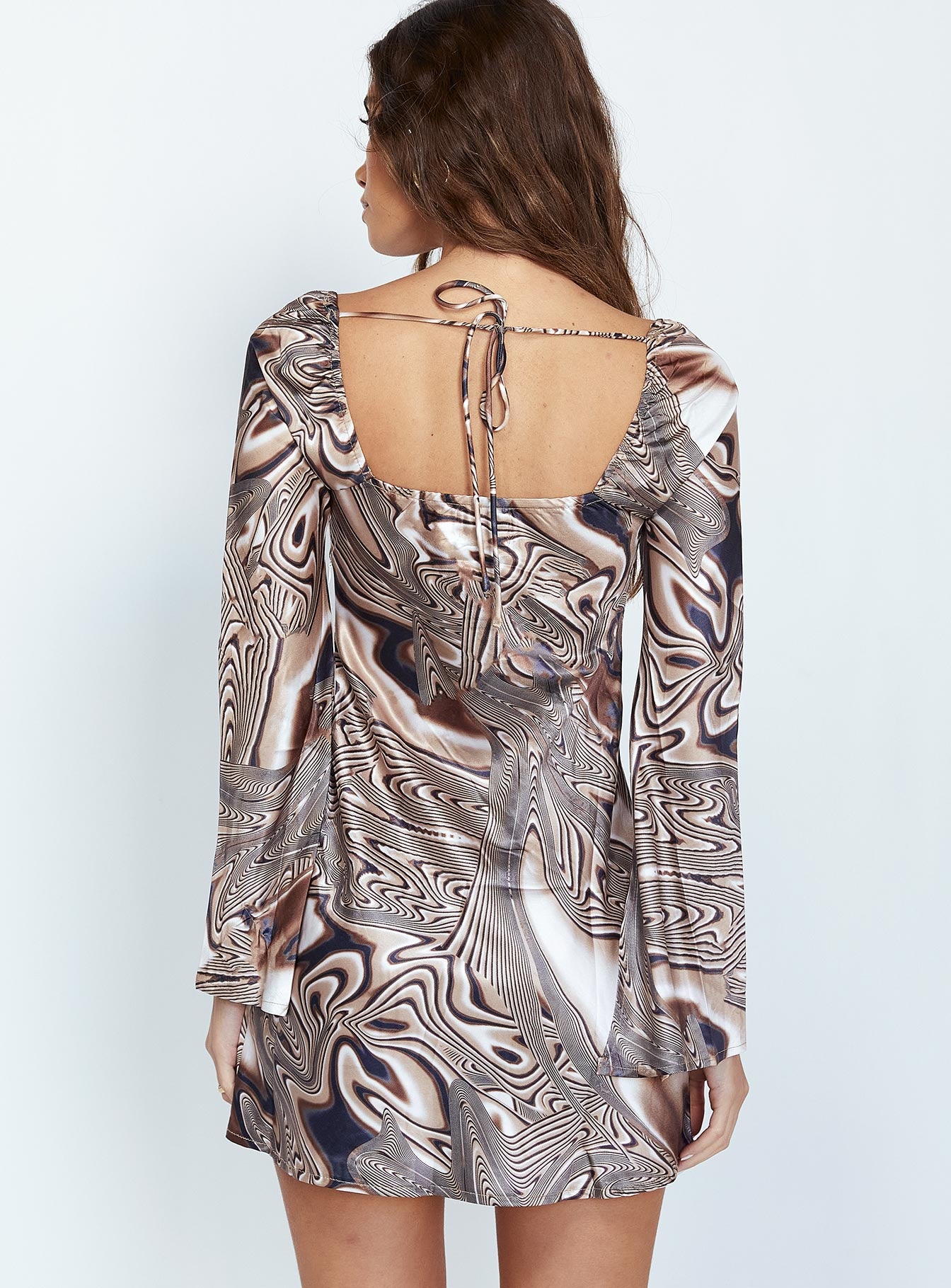 back view of model wearing Princess Polly Corban Mini Dress Brown 