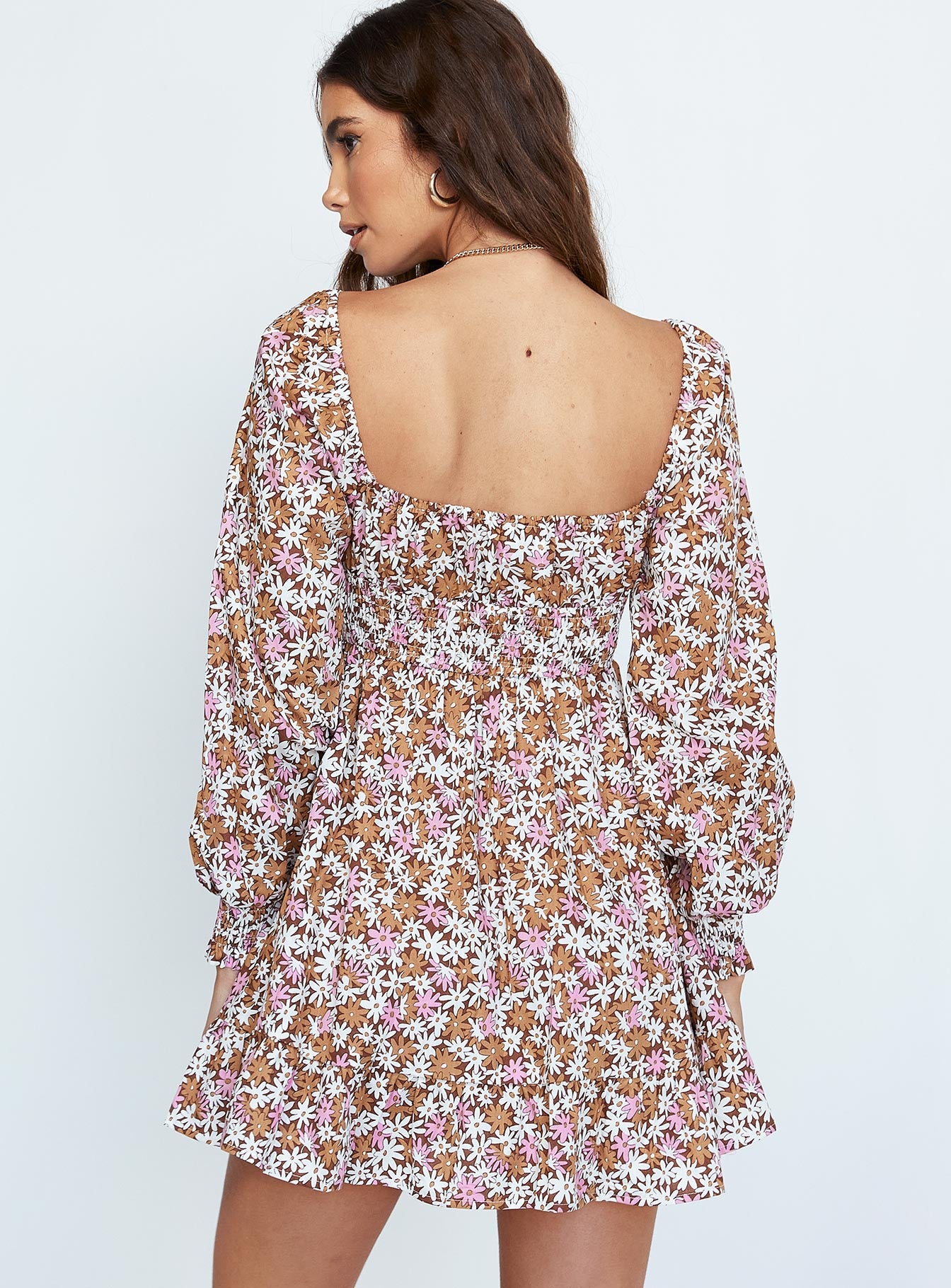 back view of model wearing Princess Polly Banson Mini Dress Brown 