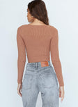 back view of model wearing Princess Polly Alima Long Sleeve Top Brown 