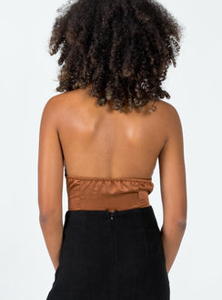 back view of model wearing Princess Polly Stanley Bodysuit Brown Sleeveless High Neck 