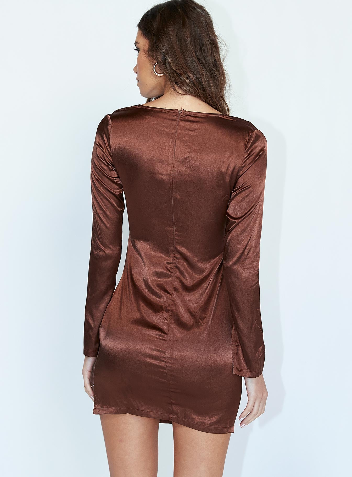 back view of model wearing Princess Polly Henry Mini Dress Brown 