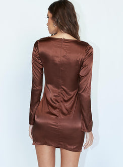 back view of model wearing Princess Polly Henry Mini Dress Brown 