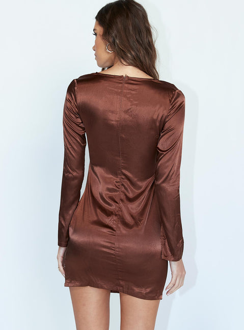 back view of model wearing Princess Polly Henry Mini Dress Brown 