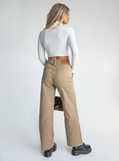 back view of model wearing Princess Polly Elianna Jeans Taupe Mid Rise 