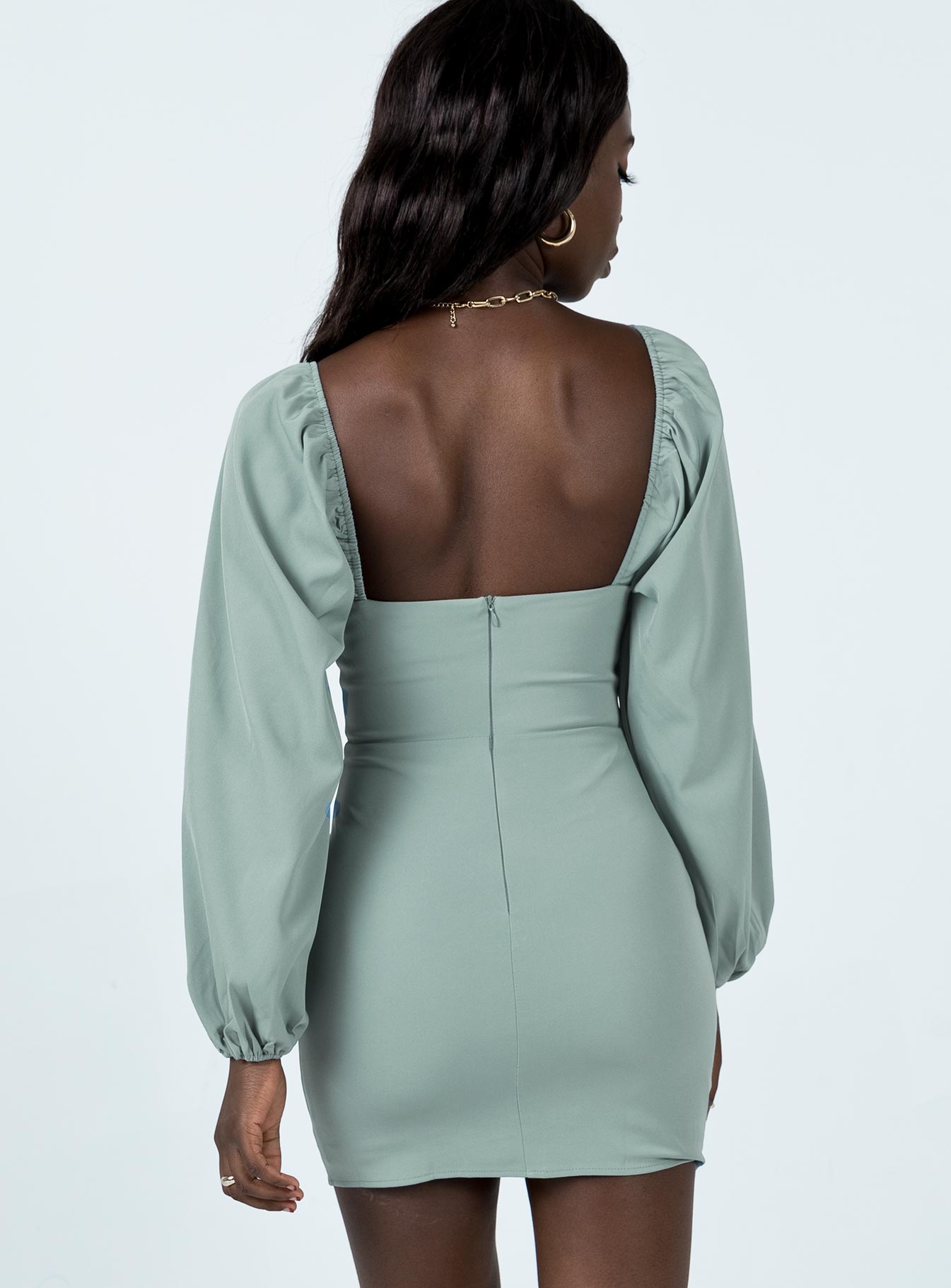 back view of model wearing Princess Polly Lillie Long Sleeve Mini Dress Sage 