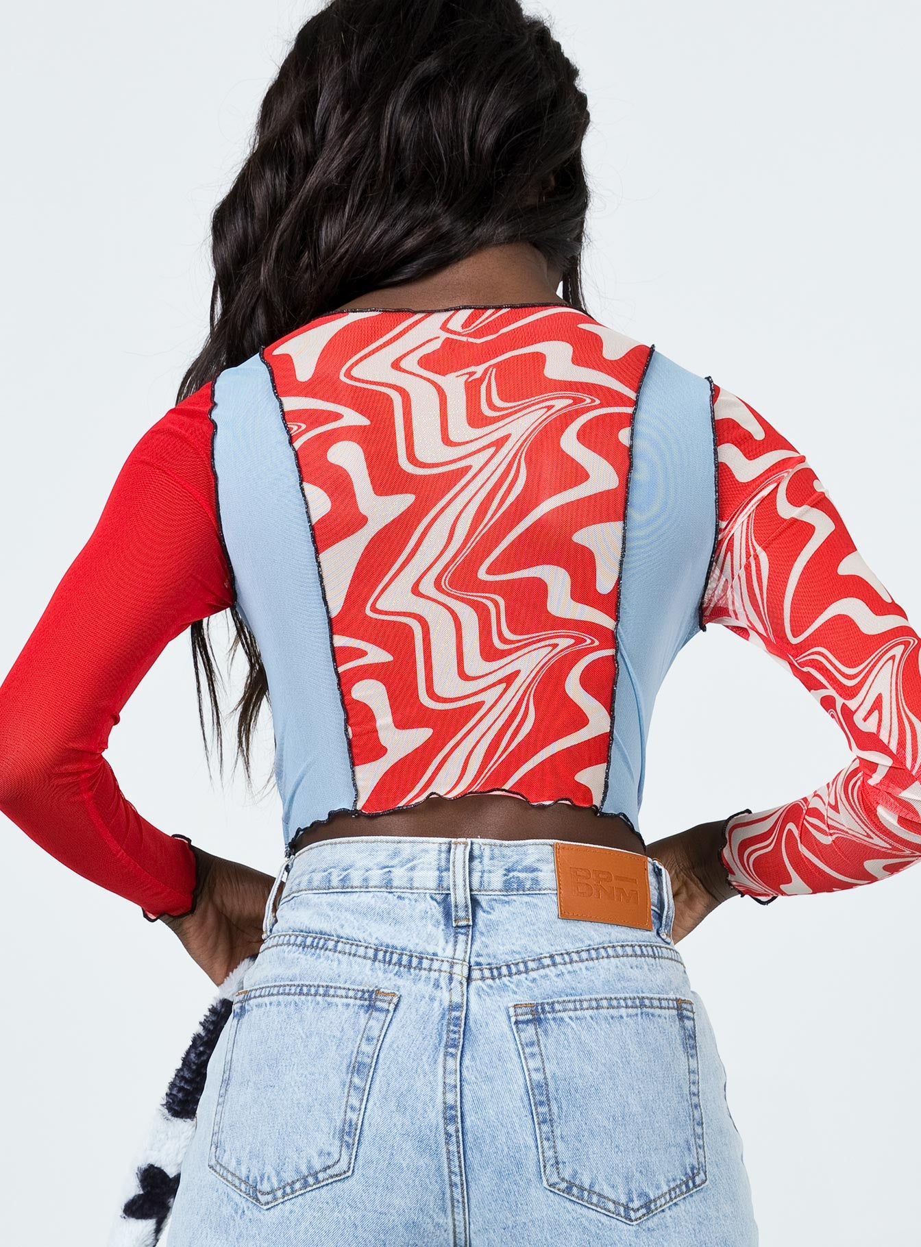 back view of model wearing Princess Polly Division Long Sleeve Top Multi 