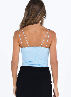 back view of model wearing Princess Polly Bamba Bodysuit Blue Sleeveless 