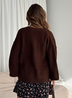 back view of model wearing Princess Polly Abel Cardigan Brown Long 