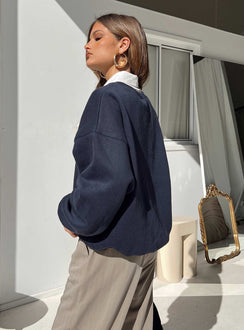 side view of model wearing Princess Polly New York Crewneck Sweatshirt Navy regular 