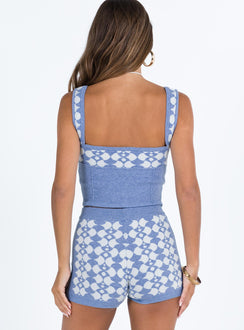 back view of model wearing Princess Polly Elewa Geo Knit Shorts Blue / White High Waisted Shorts 