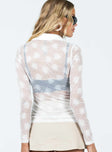 Long sleeve top Sheer mesh material Classic collar V-neckline Button fastening at front Slight ruching at bust Split hem