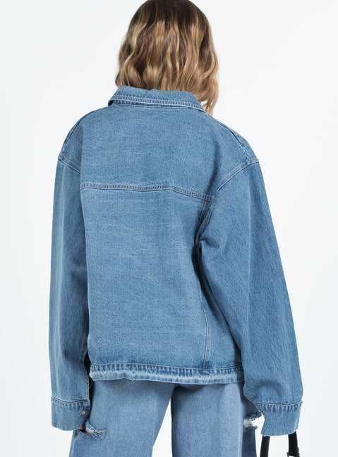 Blue denim jacket Mid wash denim Pointed collar Button fastening at front Twin chest pockets Single button cuff Non-stretch Unlined