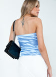 back view of model wearing Princess Polly Amabel Strapless Top Blue Sleeveless 