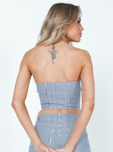 back view of model wearing Princess Polly East Gate Corset Navy Pinstripe Sleeveless Square Neck 