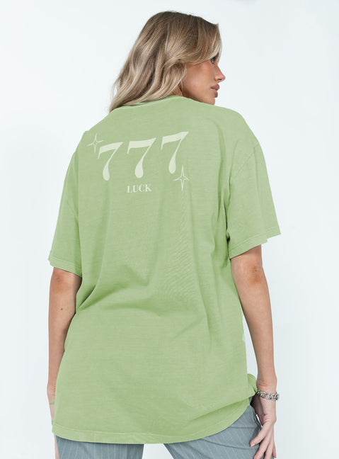 Front view of model wearing  front Princess Polly Half Sleeves Crew Neck  Organic 777 Luck Oversize Tee Green