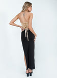 back view of model wearing Princess Polly Janice High Waist Slit Maxi Skirt Black Maxi 