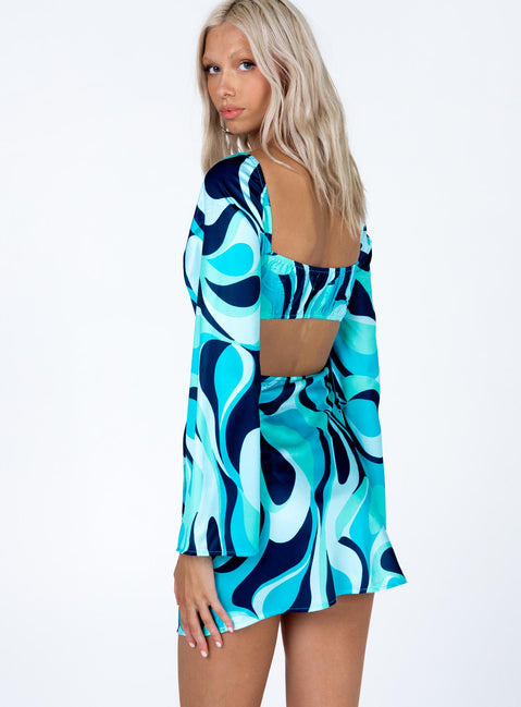 back view of model wearing Princess Polly Dominique Mini Dress Blue Multi 