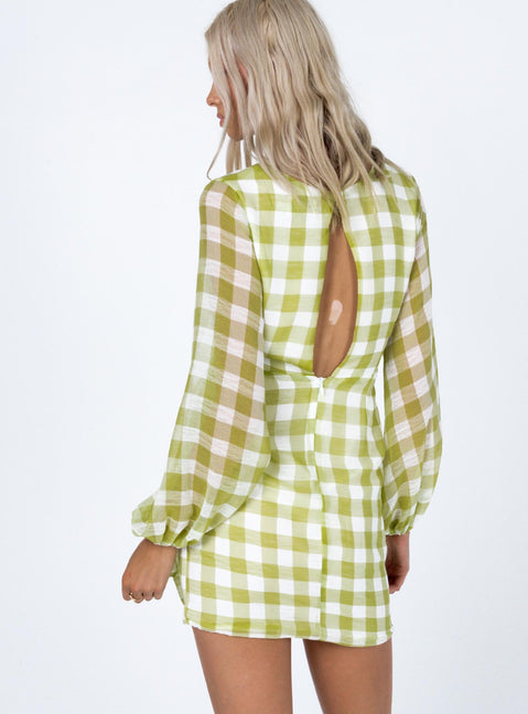 back view of model wearing Princess Polly Sylas Mini Dress Green / White 