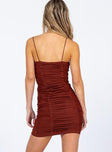 back view of model wearing Princess Polly I Want You Mini Dress Brown 