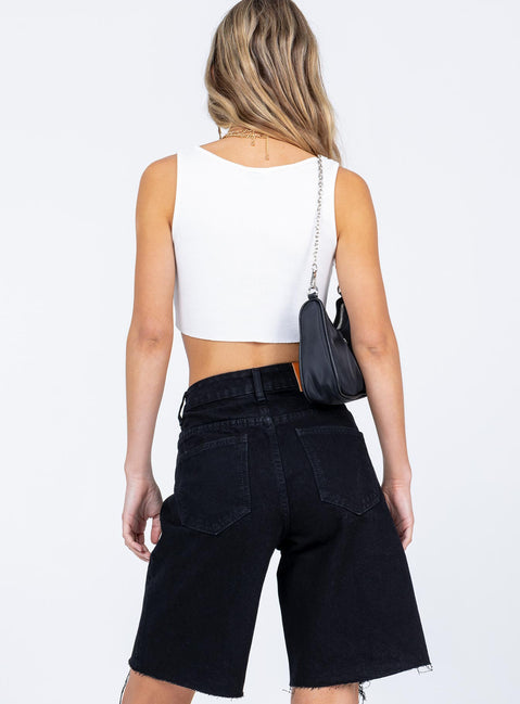 Denim shorts  Princess Polly Exclusive 100% cotton  High waisted Zip & button fastening  Belt looped waist  Classic five-pocket design  Longline design  Distressed rips  Raw edge frayed hem 