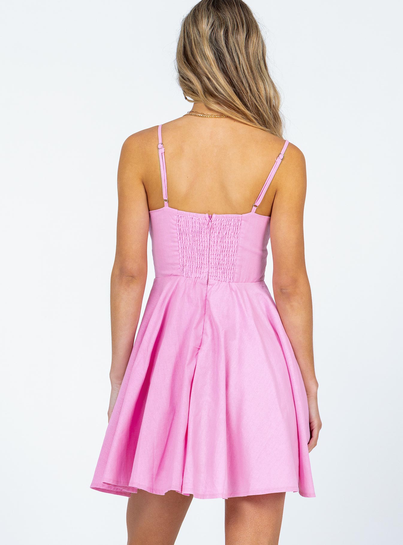 back view of model wearing Princess Polly Marena Mini Dress Pink 