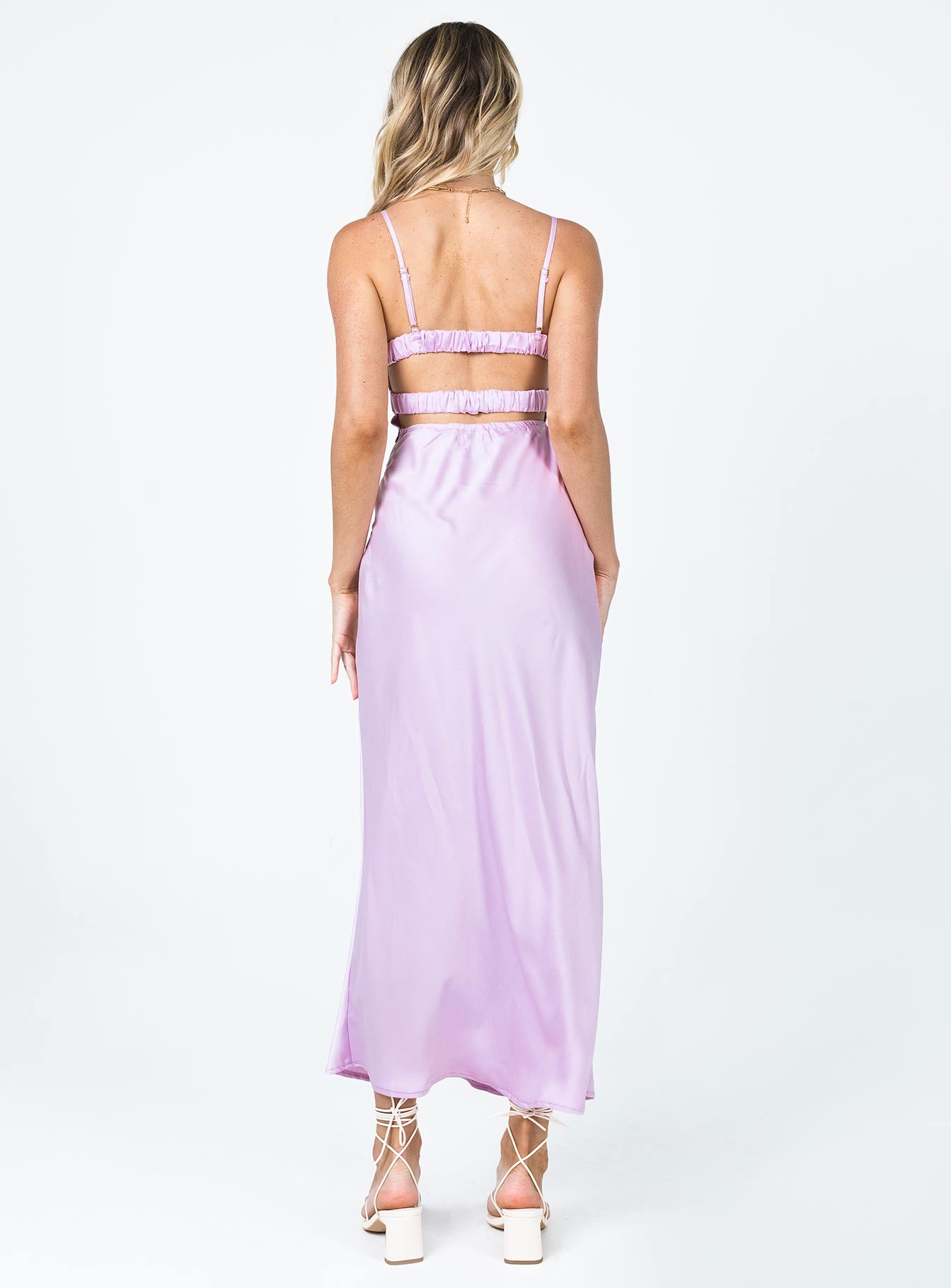 back view of model wearing Princess Polly Lillie Midi Dress Purple 