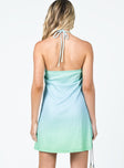 back view of model wearing Princess Polly Geo Mini Dress Blue / Green 