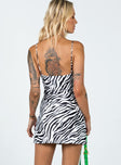 back view of model wearing Princess Polly Gia Mini Dress Zebra 