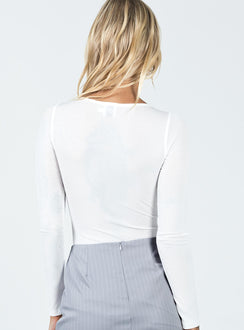 back view of model wearing Princess Polly Braxton Long Sleeve Bodysuit White Full Sleeves Scoop Neck 