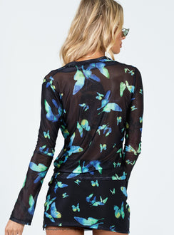 back view of model wearing Princess Polly Motel Niles Mini Skirt Butterfly Watercolour Black 