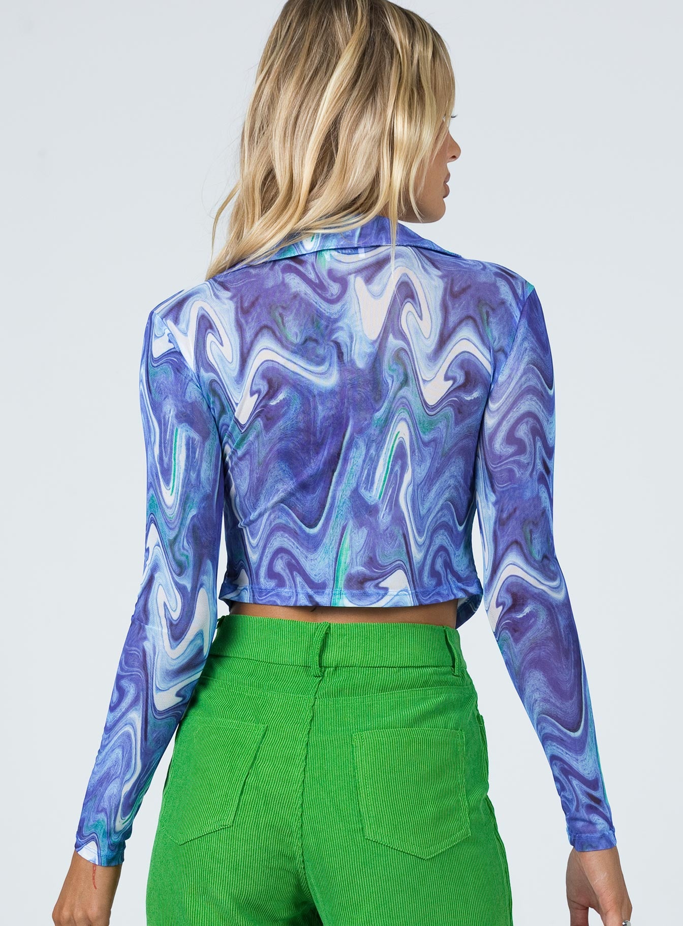 back view of model wearing Princess Polly Clyde Long Sleeve Top Blue 