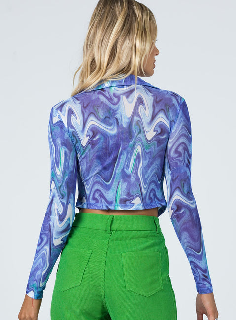 back view of model wearing Princess Polly Clyde Long Sleeve Top Blue 