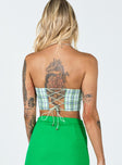 back view of model wearing Princess Polly Maiya Strapless Top Green Check 