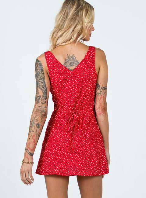 back view of model wearing Princess Polly Nellie Mini Dress Red Floral V-Neck 