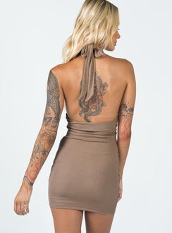 back view of model wearing Princess Polly Shiloh Halter Mini Dress Brown 