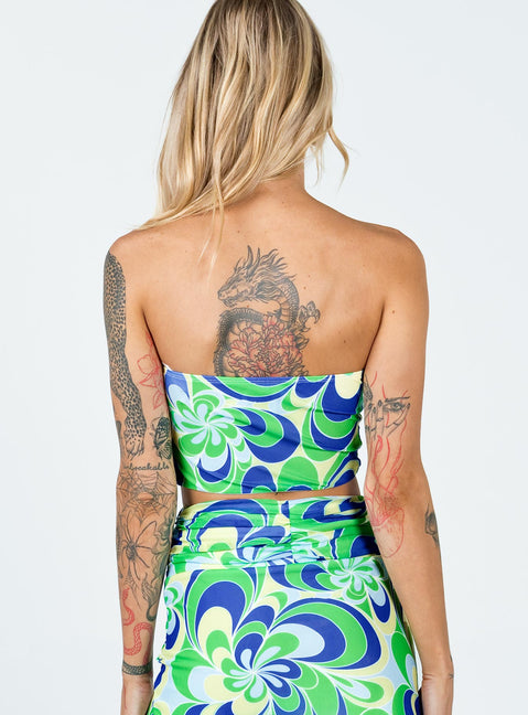 back view of model wearing Princess Polly Attwood Top Green Floral 